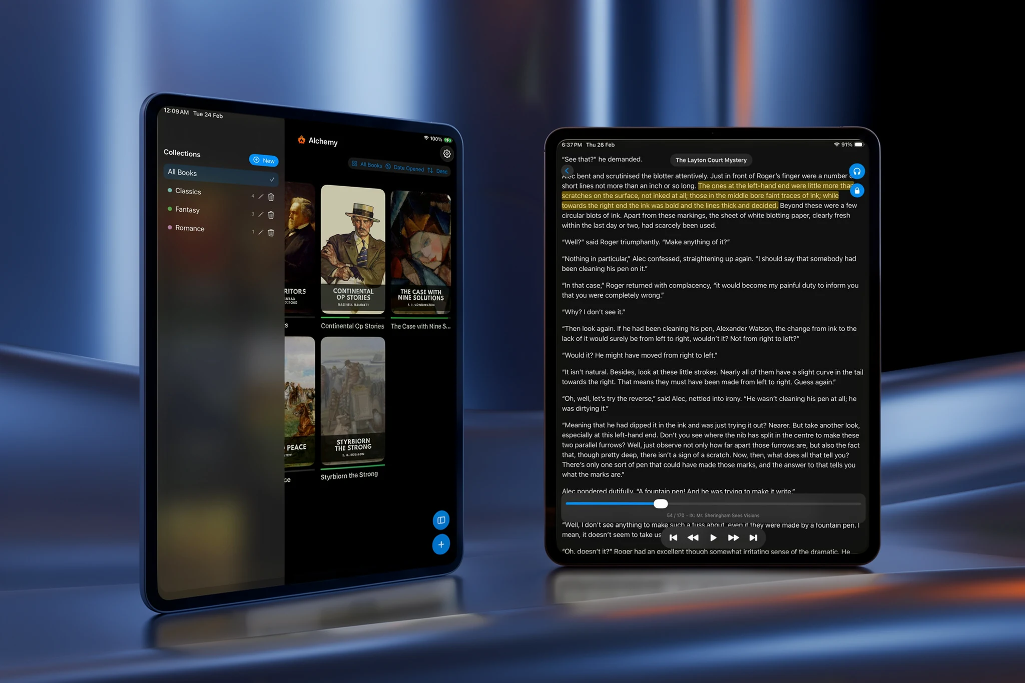 Alchemy EPUB library and text-to-speech reader shown on two iPads