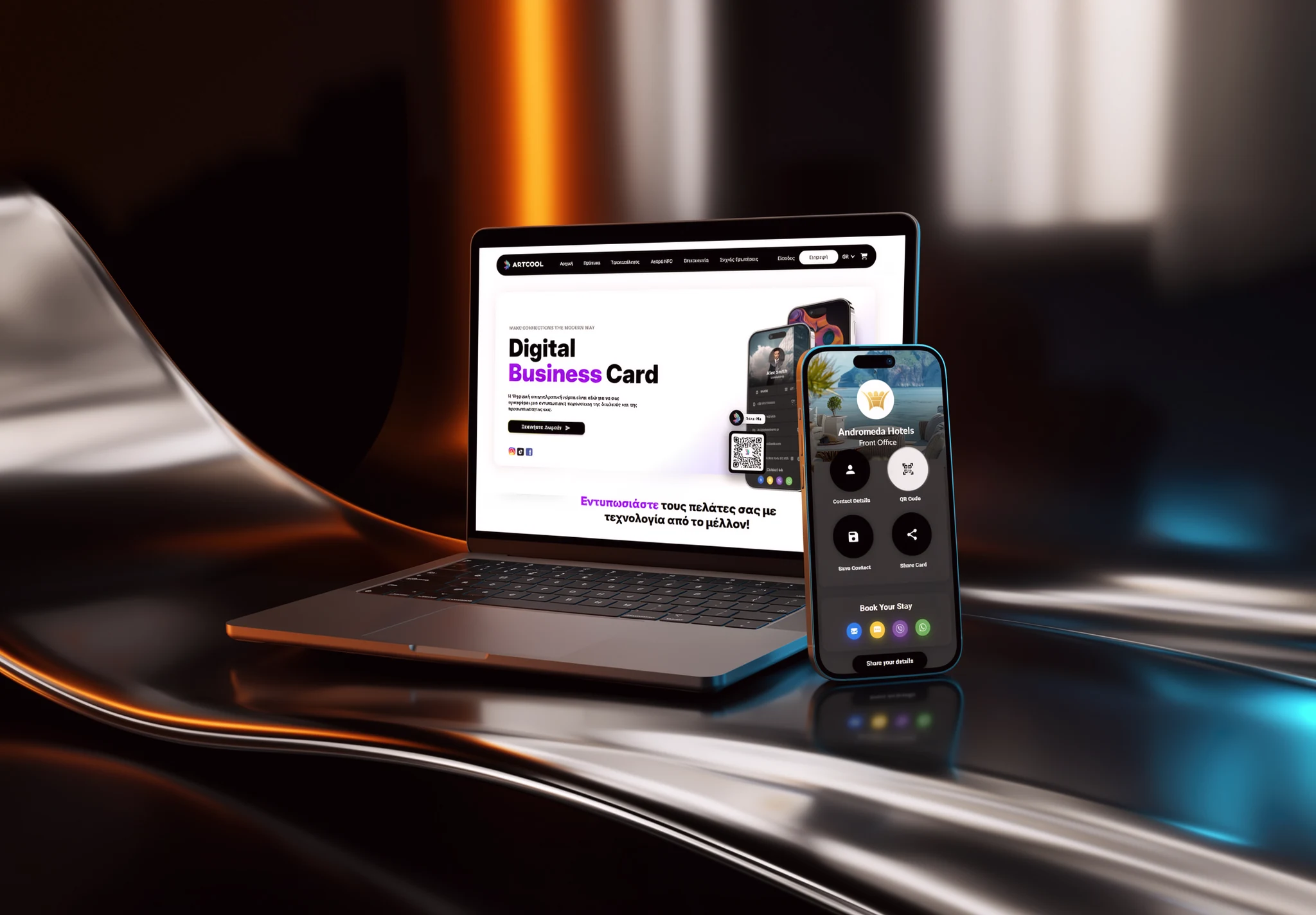 Artcool digital business card website on a laptop and card profile on a phone