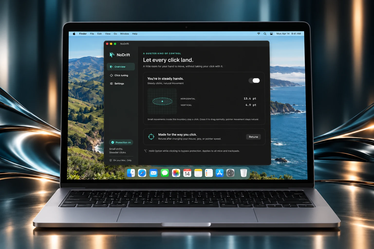 NoDrift running on a macOS desktop inside a MacBook against a teal metallic background