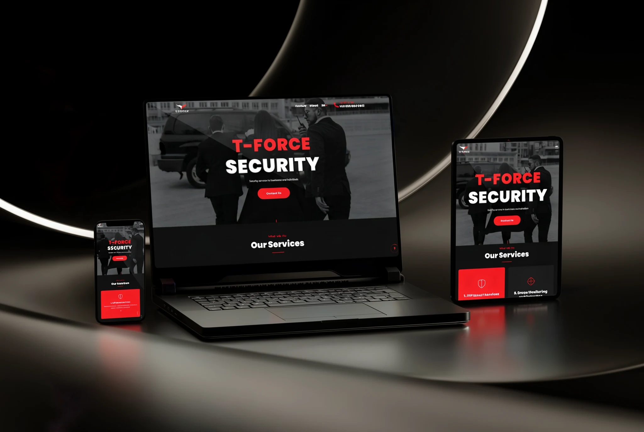 T-Force Security website shown on a laptop, tablet, and phone